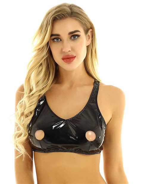 Womens Wet Look Patent Leather Lingerie Open Nipple Hole Design Bra Top