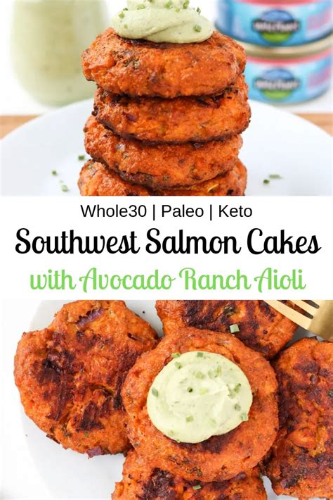 Photos of salmon cake sliders and garlic aioli. These Southwest Salmon Cakes with Avocado Ranch Aioli make an easy Whole30, Paleo, and Keto ...