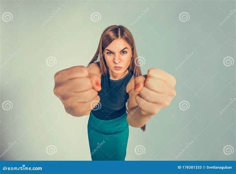 Closeup Portrait Angry Young Woman Showing Fists Stock Image Image Of