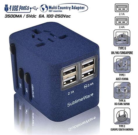 Power Plug Adapter International Travel Sand Blue W4 Usb Ports