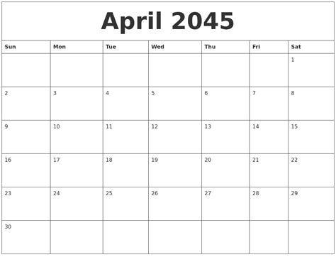 April 2045 Printable Calander