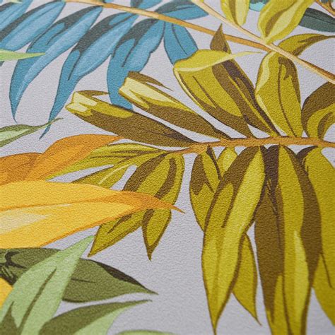 Liane Tropical Wallpaper Grandeco Yellow Navy Palm Leaf Green Grey