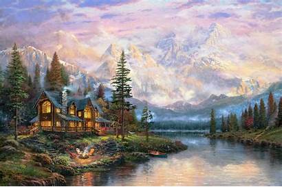 Kinkade Thomas Forest Mountain River Painting Cottage