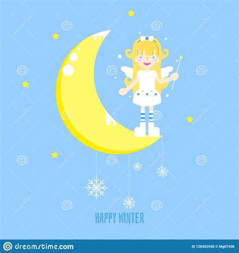 The Angel And The Moon With Star And Snowflake Stock Vector