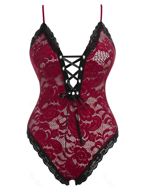 Plus Size Lace Up Lingerie Sheer Lace Teddy Off Rosegal