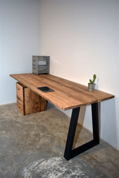 Reclaimed Wood Office Desk With Black Trapezium Legs Etsy Uk