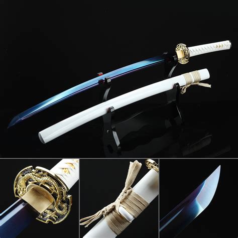 Hand Forged Full Tang Blue Blade Dragon Tsuba Real White Katana Samurai