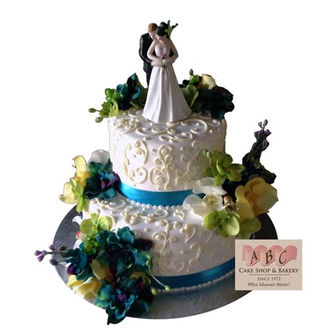1862 2 Tier Wedding Cake With Turquoise Flowers Abc Cake Shop And Bakery