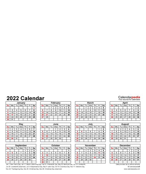 Photo Calendar 2022 Free Printable Word Templates