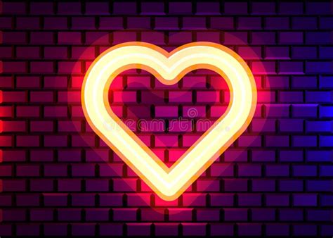 Neon Heart Bright Night Neon Signboard On Brick Wall Background Retro Neon Heart Sign Stock