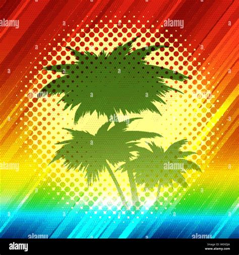 Palm Tree Silhouettes On A Halftone Sunset Background Summer Retro