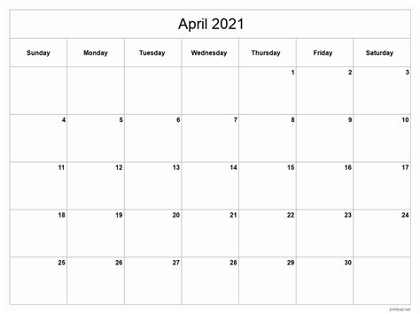 Printable April 2021 Calendar Template 2 Full Page Blank Grid