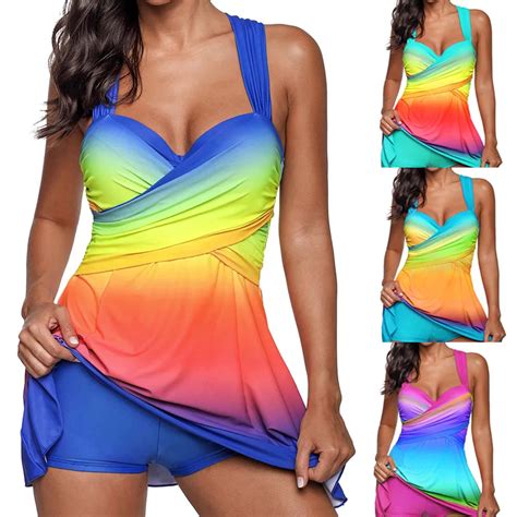 New Plus Size Rainbow Swimwear Women Lady Tankini Swimdress Swimsuit