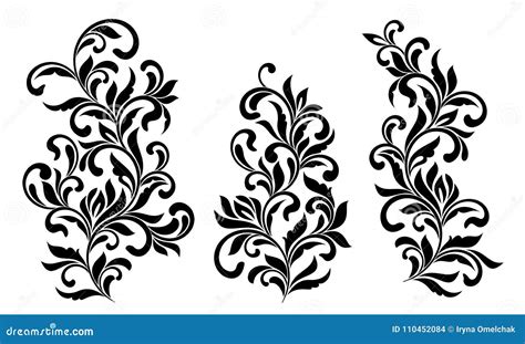 Decorative Floral Elements With Swirls And Leaves Isolated On White