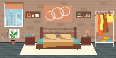 Modern Bedroom With Furniture Flat Style Vector Illustration Cozy