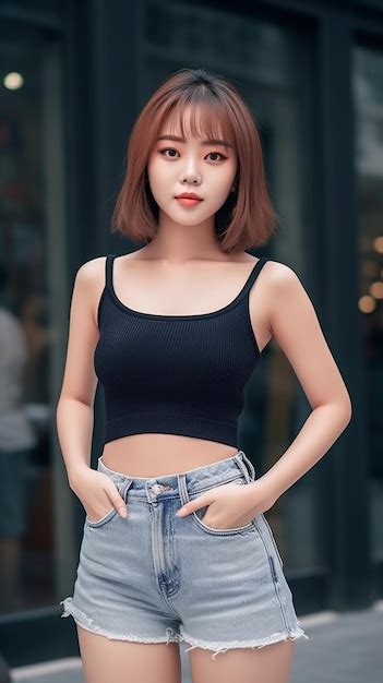 Premium AI Image Asian Woman Wearing Black Tank Top And Jeans