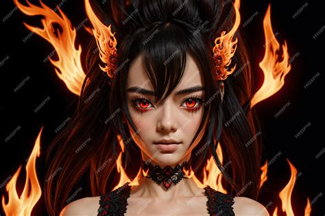 Premium Ai Image A Demon Girl With Red Eyes And Black Hair And Fire