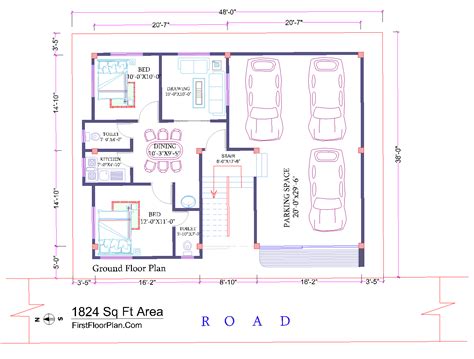 2d Floor Plan In Autocad With Dimensions 38 X 48 Dwg
