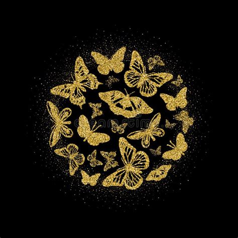 Round Of Golden Glitter Butterflies Beautiful Summer Yellow Gold