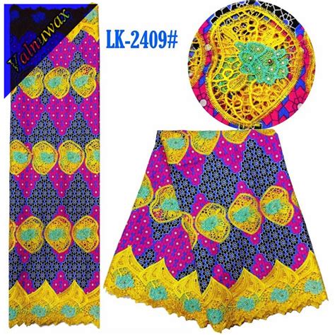 New Design Colorful African Wax With Embroidery Fabric 6yards With Stones Ankara Wax Lace