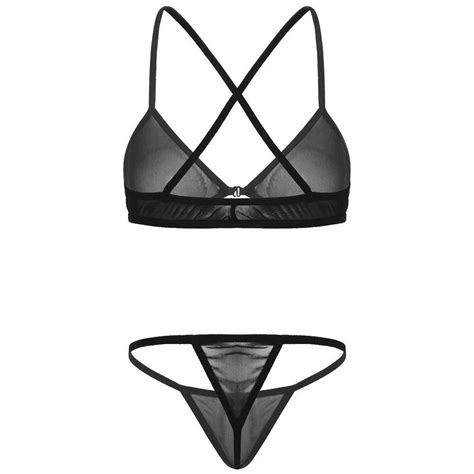 womens sexy bikini bikini lingerie set 2pcs see through sheer mesh bra top with g string thong