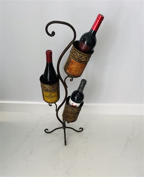 Vintage Handcrafted Scrolled Wrought Iron 3 Wine Bottle Stand Holder