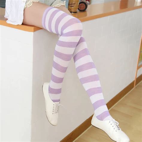 Ms Blue And White Leggings Compression Cheap Thigh Highs Striped Cotton Thigh Highs Comfy
