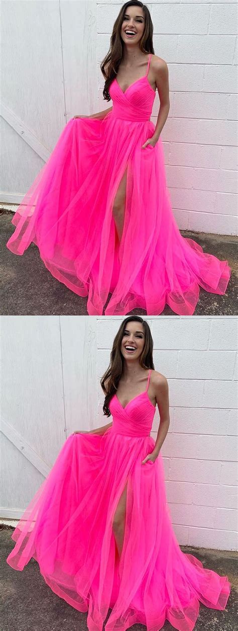V Neck Hot Pink Long Prom Dresses V Neck Hot Pink Long Formal Evening