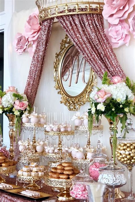 engagement party dessert table in 2020 rose gold party candy table decorations quinceanera