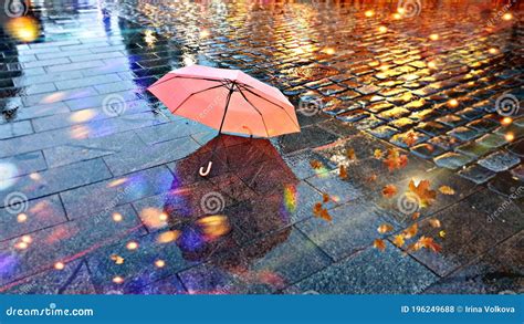 Rainy Weather Autumn Leaves Falling On Road Pink Umbrella On