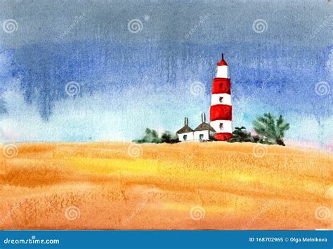 Hand Drawn Watercolor Landscape With Lighthouse In The Style Of