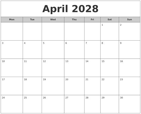 April 2028 Free Monthly Calendar