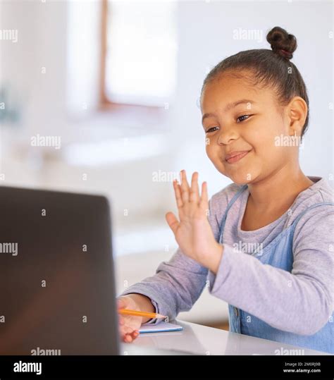 One Happy Mixed Race Preschool Girl Waving To Teacher Or Tutor While