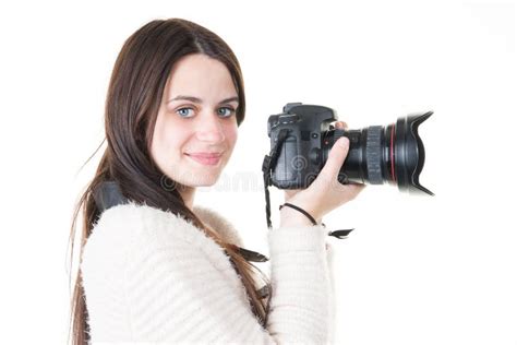 Young Woman Photographer Takes Images With Dslr Camera Stock Photo