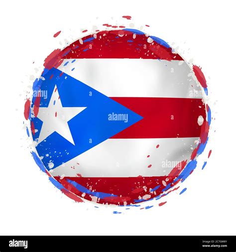 Round Grunge Flag Of Puerto Rico With Splashes In Flag Color Vector