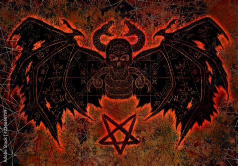 Devil Demon With Bloody Silhouette And Pentagram On Texture Background