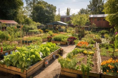 Premium Ai Image Community Garden With Rows Of Vegetables Herbs And