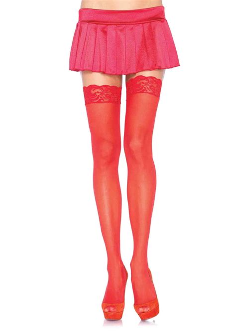 sheer stockings with lace detail in red