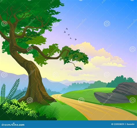 Magnificent Country Road And A Lonely Tree Stock Vector Illustration