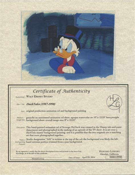 Disney Duck Tales Animation Cel Uncle Scrooge Mcduck Master