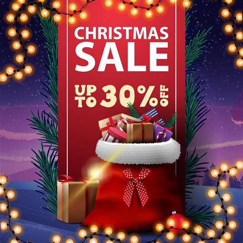 christmas sale up to 30 off discount banner with red vertical ribbon decorated christmas tree