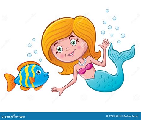 Cute Mermaid With Fish Friend Stock Illustration Illustration Of