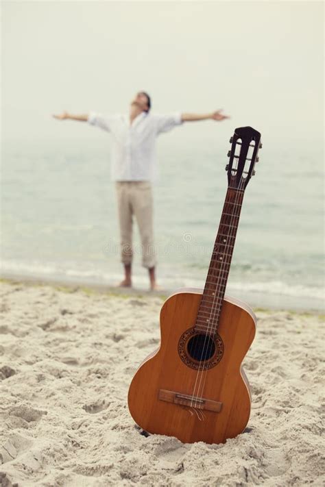 Men At The Beach And Guitar Stock Image Image Of Seaside Beauty