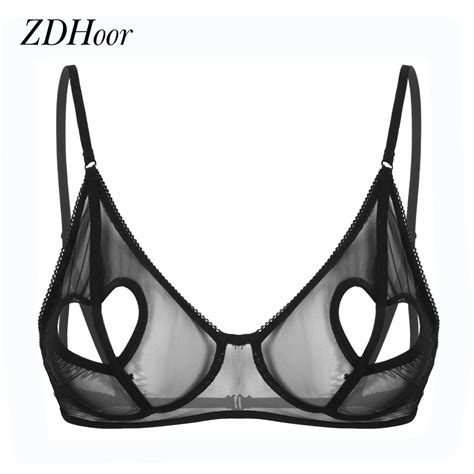 Womens Mesh See Through Bra Tops Sheer Sexy Lingerie Open Cup Wire Free Unlined Bralette