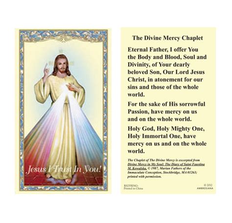 2 Copies The Chaplet Of Divine Mercy Holy Prayer Card Jesus I Trust