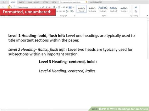 Level 2 headings (example from one section) the heading rules to guide heading usage could have the following level 2 headings: 4 Ways to Write Headings for an Article - wikiHow