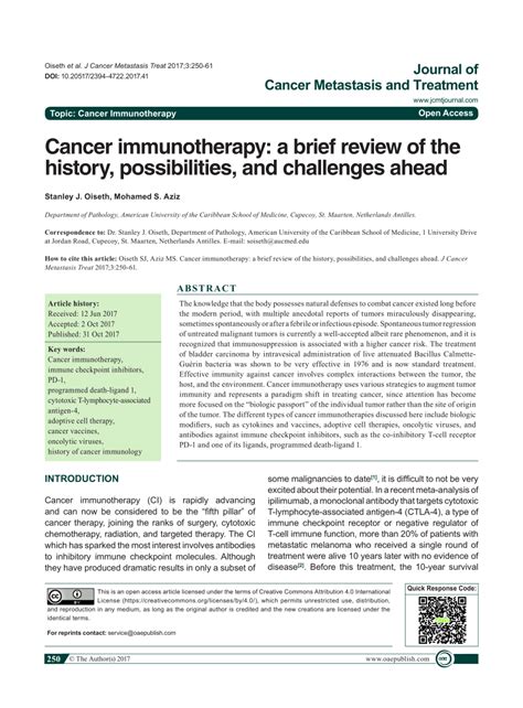 Pdf Cancer Immunotherapy A Brief Review Of The History