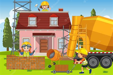 Premium Vector House Construction Site With Workers Cartoon