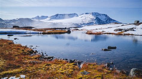 Download Wallpaper Mountains Snow Water Nature Norway 1920x1080