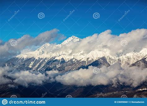 Snow Covered Mountain Ranges Covered With Coniferous Forests In The